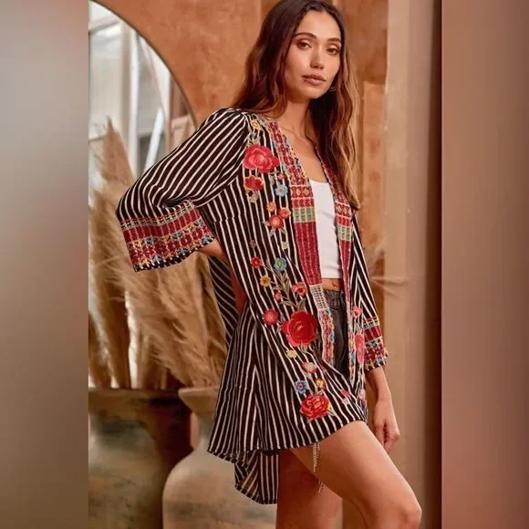 Savannah Jane EMBROIDERED STRIPED CARDIGAN small boho festival floral - Picture 2 of 13